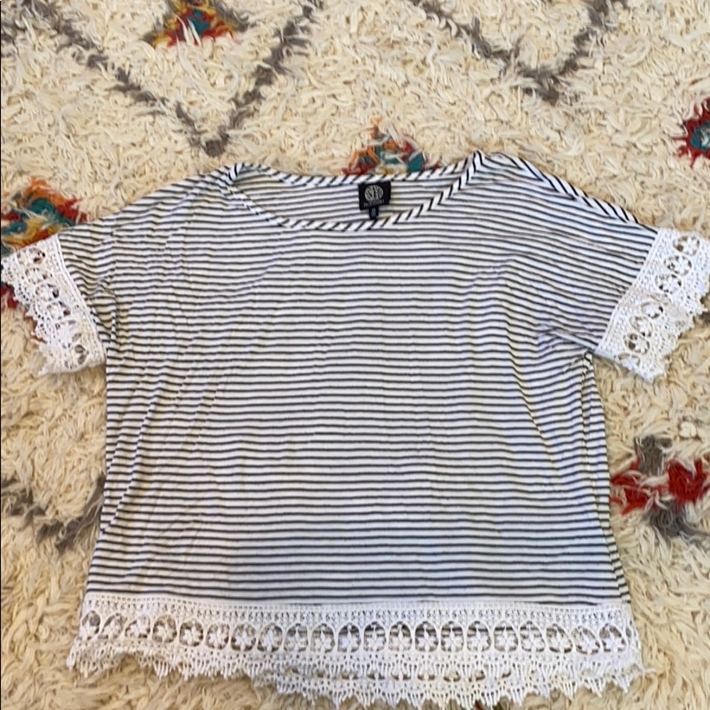 Black and White Striped Shirt With Lace Trim